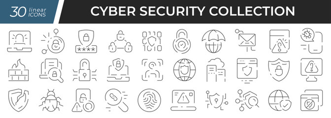 Aufkleber - Cyber security linear icons set. Collection of 30 icons in black