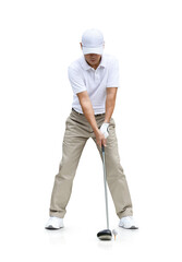 Wall Mural - Golf approach shot with driver isolated on white background. Clipping path.