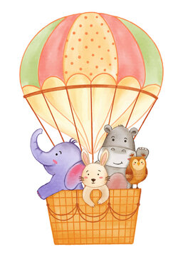 Fototapete - Realistic watercolor paint of wildlife animals on balloon with paper textured . Cartoon character design . Vector .