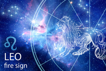 Wall Mural - astrology zodiac  Leo Lion sign  with the symbol, picture,  horoscope, stars and nebula in blue color like astrological concept