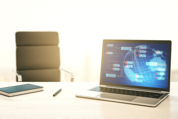 Aufkleber - Computer monitor with abstract creative programming illustration and world map, big data and blockchain concept. 3D Rendering