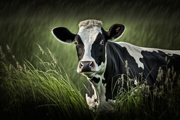 Wall Mural - Cow in the grass field generative AI