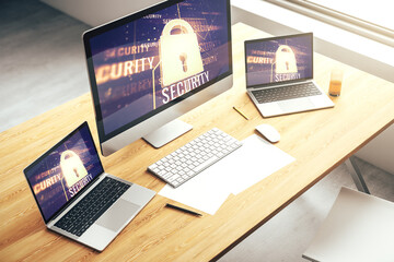 Poster - Modern computer monitor with creative lock hologram and chip. Information security concept. 3D Rendering