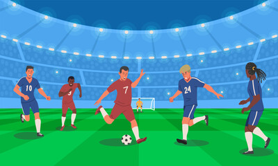 Football match in stadium. Athletes, football or soccer players kick ball, join fight and score goal against goalkeeper. World championship or sports competition. Cartoon flat vector illustration