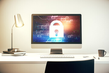 Poster - Modern computer monitor with creative lock hologram and email symbols. Information security concept. 3D Rendering