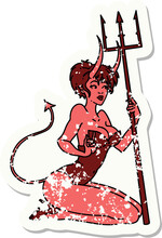 Distressed Sticker Tattoo Of A Pinup Devil Girl