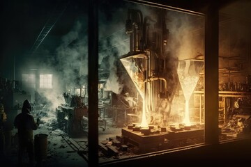 Poster - foundry factory interior with equipment and tools at night double exposure, created with generative ai