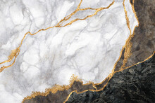 Abstract Black White Background Of Marble Texture With Golden Veins. Marbling Wallpaper.  Artificial Stone