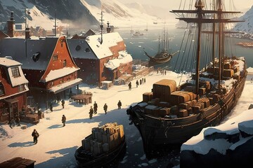 Sticker - a bustling town built on the edge of a frozen fiord, with ships docked and people going about their daily business., created with generative ai