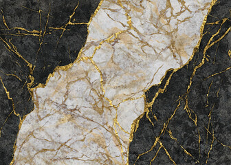 Wall Mural - abstract background, black and white marble with golden veins, japanese kintsugi technique, fake pai