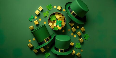 Saint Patrick's Day, top view photo of gift box and darts, three hats and decorative accessories on isolated green background, generative AI