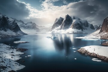 Wall Mural - a panoramic view of a dramatic and majestic frozen fiord in the arctic circle, with snow-capped peaks and ice-blue water., created with generative ai