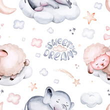 Watercolor Pattern For Children With Sleeping Sheep And Elephant. Print For Baby Fabric, Poster Pink With Beige And Blue Clouds, Moon, Sun. Nursery Print Illustration Textile