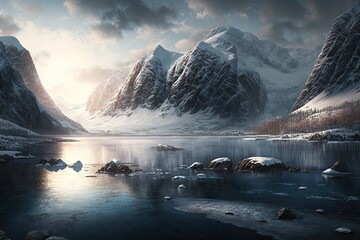 Wall Mural - a frozen fiord with a picturesque mountain range in the background., created with generative ai