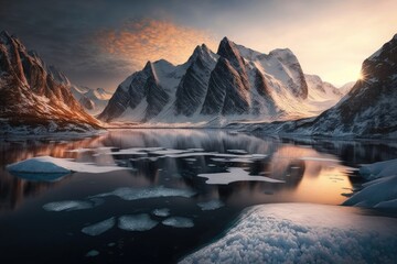 Canvas Print - a frozen fiord with a picturesque mountain range in the background., created with generative ai