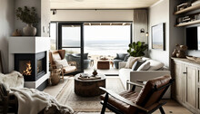 Cozy Living Room With Fireplace, Cream Rug, Vintage Decor, And Modern Leather Armchair. Large Sliding Doors Open To A Spacious Terrace With Panoramic Views Of The Beach And Sea. Generative Ai