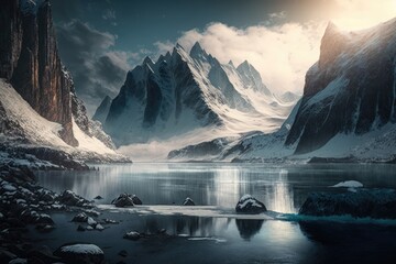 Wall Mural - a frozen fiord with a picturesque mountain range in the background, creating a dramatic landscape, created with generative ai