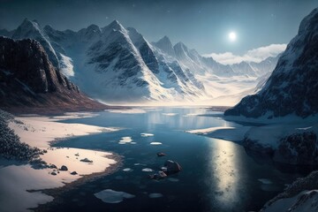 Wall Mural - a frozen fiord surrounded by snow-capped mountains in the winter., created with generative ai