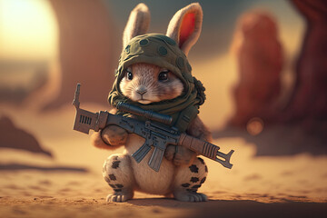 Wall Mural - A Cute little bunny with military gear. Generative AI.