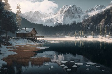 Wall Mural - a frozen lake surrounded by mountains and forest, with a cabin in the distance, created with generative ai