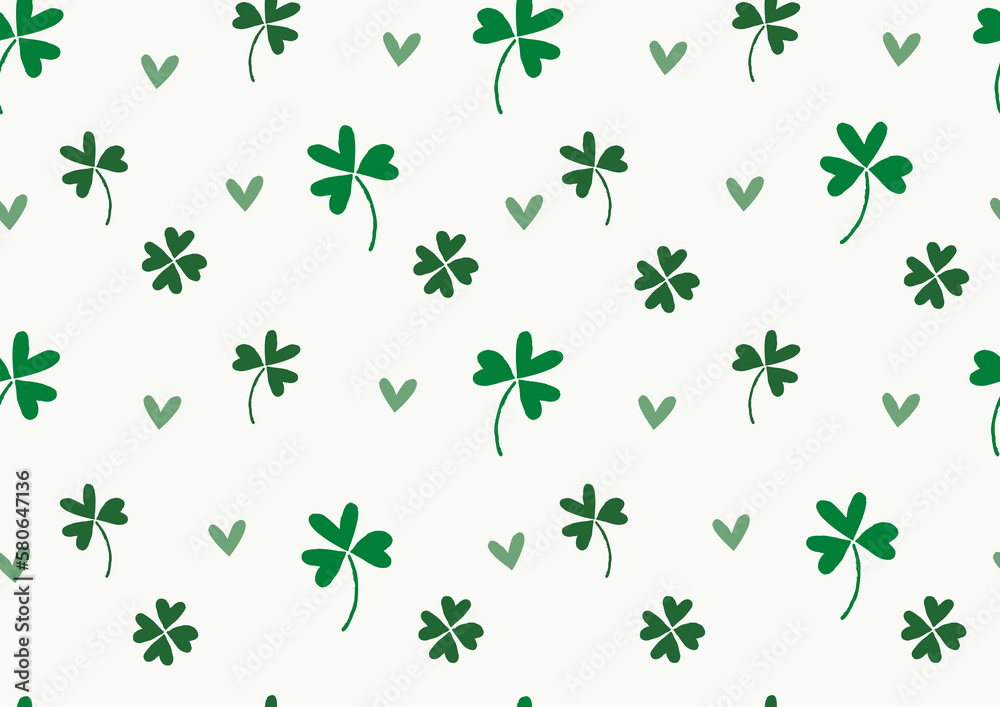 Hand Drawn Seamless Pattern With Clover Leaves And Little Hearts ...