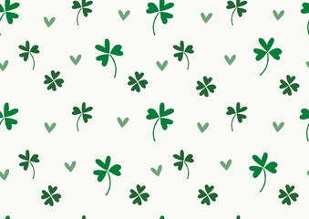 Wall Mural - Hand Drawn Seamless Pattern With Clover Leaves And Little Hearts. Irregular Repeatable Design On Off-White Background. Vector Graphic Great To Use For St. Patrick’s Day.