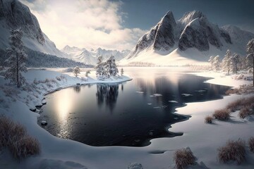 Sticker - a frozen lake surrounded by beautiful mountains, a perfect winter wonderland, created with generative ai