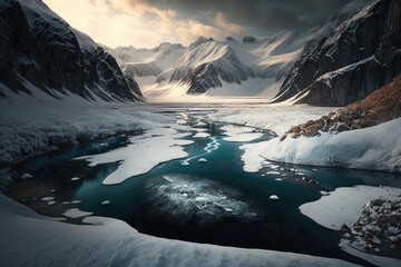 Wall Mural - a frozen fiord with a glacial river flowing through it, surrounded by snowy mountains., created with generative ai