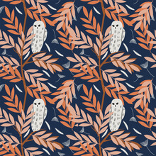Owl And Trees Branches Seamless Pattern On Dark Background.