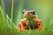 Frog In Grass Spreading Its Beautiful Orange Legs On Green Background, Created With Generative Ai