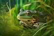 green frog basking on green grass among foliage, created with generative ai