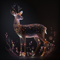 Poster - Generative AI of a deer with flowers on a black background.