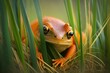 bright orange green frog in grass hiding his head in dried blades, created with generative ai
