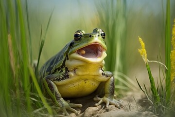 Wall Mural - green yellow frog in grass with wide open mouth, created with generative ai