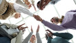 © Katsiaryna - Closeup Business partners shaking hands, celebrating business success in modern office with high ceiling.