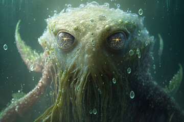 Wall Mural - jellyfish swamp thing, cinematic realism, extreme closeup portrait of a humanoid sea creature with wet slimy skin covered in seaweed and dew drops Generative AI
