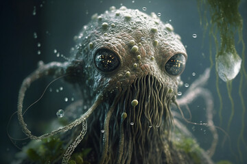 jellyfish swamp thing, cinematic realism, extreme closeup portrait of a humanoid sea creature with wet slimy skin covered in seaweed and dew drops Generative AI