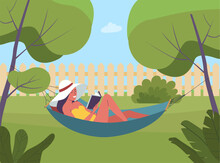 Girl In Hat Is Lying And Reading Book In A Hammock.Young Woman Is Sunbathing. Hammock Between Trees. Backyard Scene. Vector Flat Illustration