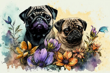 Wall Mural - Pugs and flowers ink Generative AI