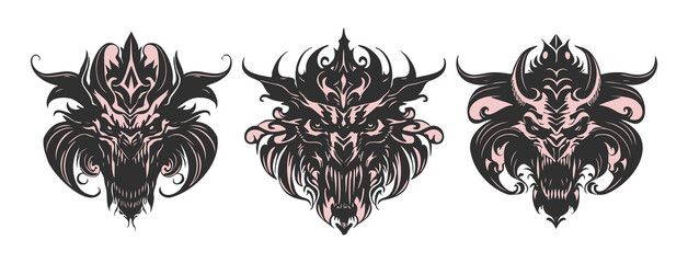 Wall Mural - Vector set of scary stickers or icons. Terrible dark horned heads of evil demons with open maw. White isolated background.