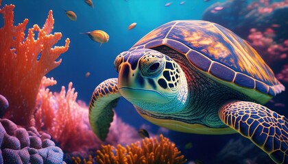  Sea turtle swimming in undersea, Beautiful Underwater, and colorful coral in the wild nature of the Pacific Ocean. Generative AI