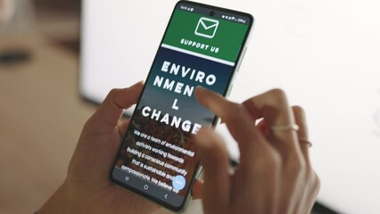 Poster - Hands, phone and scrolling on sustainable homepage screen by woman for research at office. Female scroll through website logo of environmental or climate change on smartphone display or mobile app