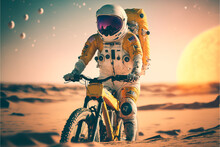 Astronaut Cyclist Rides In The Desert At Sunset. The Concept Of Active Lifestyle And Sports. Generated By Ai