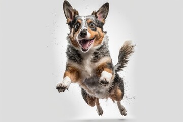 Poster - One funny dog jumping, set against a white studio background, was used to make this piece of art. The idea of movement, action, love for pets, and animal life. Look happy, delighted. Ad space and flye