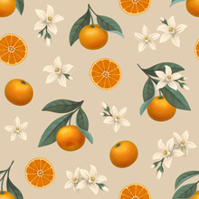Hand Painted Illustration Of Orange Tree Branch. Seamless Pattern Design. Perfect For Fabrics, Wallpapers, Clothes, Home Textile, Posters, Packaging Design, Stationery And Other Goods