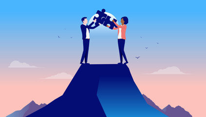 Fototapete - Problem solving - Businessman and businesswoman on mountaintop connecting puzzle pieces together and finding solutions. Flat design vector illustration with copy space