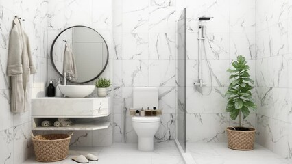 Wall Mural - Build a model bathroom for material selection in interior design In deciding to choose tiles, wood, marble, with a variety of materials that gradually change. 3d rendering animation looping