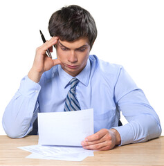 Poster - Businessman Sitting and Working with Documents - Isolated