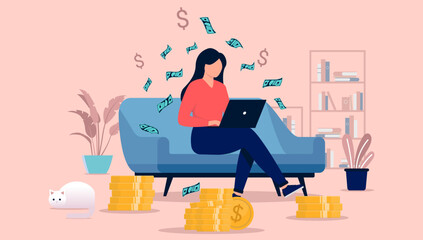 Leinwandbilder - Woman making money online from home sitting in couch with laptop and working. Flat design vector illustration