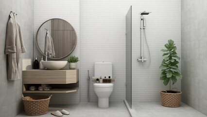 Wall Mural - Build a model bathroom for material selection in interior design In deciding to choose tiles, wood, marble, with a variety of materials that gradually change. 3d rendering animation looping